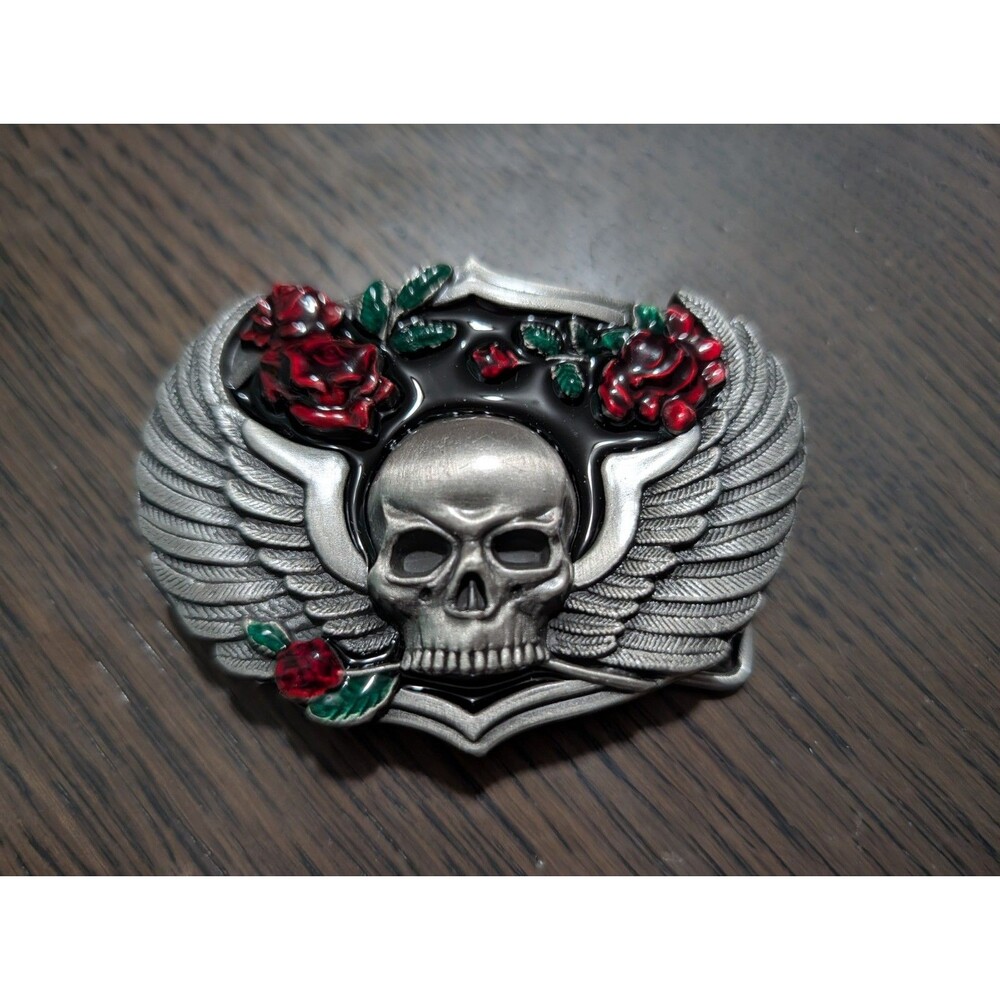 Vintage 1988 Siskiyou Skull w/ Wings Rose Flowers Metal Enamel Color Belt Buckle